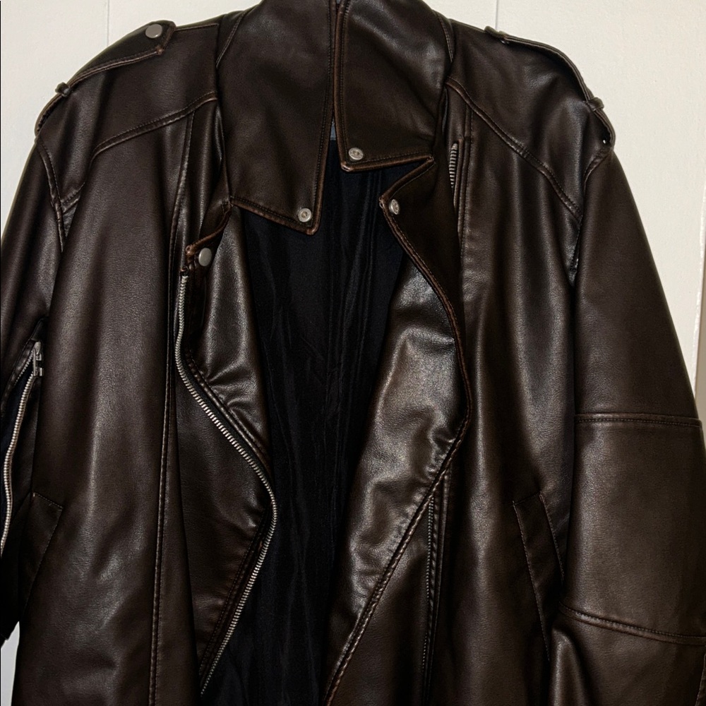 Zara Dark (Worn once) Brown Faux Leather Motto Jacket - Sz X-Large. Hip length